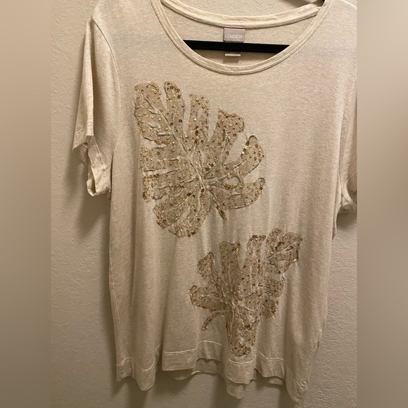 Chico's Sequin Embellished Tonal Palm Print Tee Size 3 (XL) - Picture 4 of 11